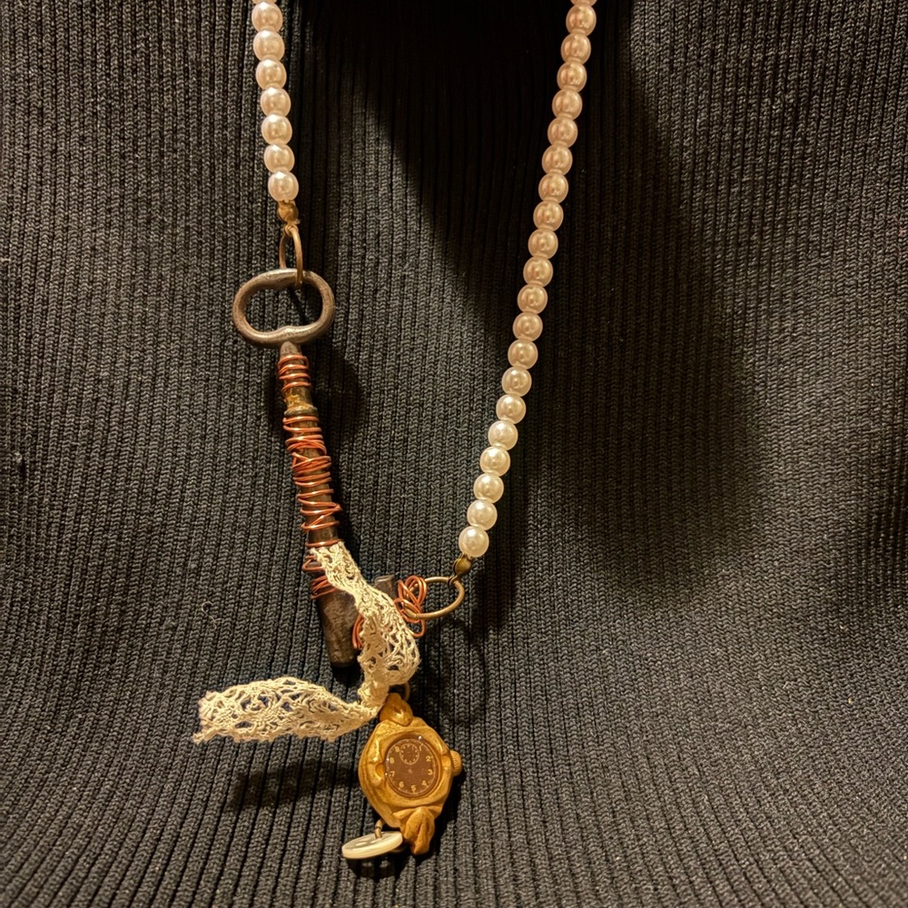 Pearl Beaded Necklace with Gold-Tone Watch Pendant